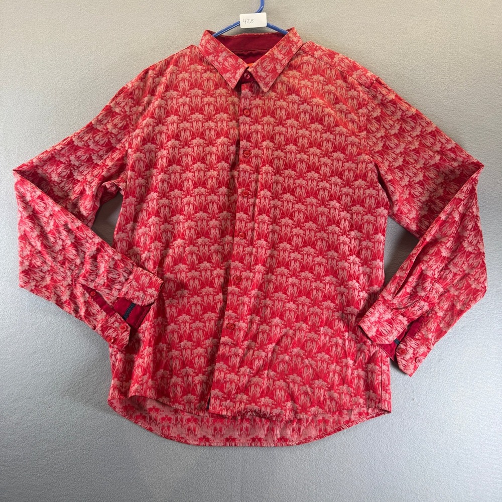 Pavini Mens Red Pink Damask Print Button Down Shirt Long Sleeve Cotton‎ Large